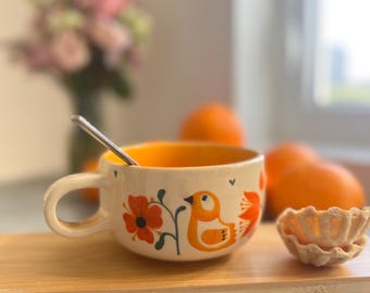 Rustic ceramic mug with birds and flowers 12.8 Oz, Orange ceramic cup, Ukrainian paintings tea cup, Handmade pottery mug