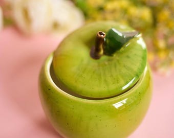Green apple ceramic jar with lid 10oz, Cute sugar jar, Whimsical candy bowl, Small jam jar, Kitchen cookie jar, Forest honey container