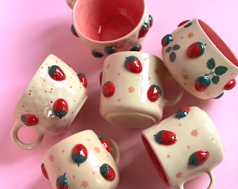 Cute 3D Strawberry ceramic cup, Summer tea cup, Beige latte mug, Aesthetic coffee cup, Artistic pottery mug, Red berry cappuccino cup