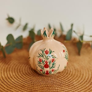 Beige Pomegranate ceramic vase with hand painted pomegranate tree, Small handmade clay vase, Fruit candle holder, Cute botanical candlestick