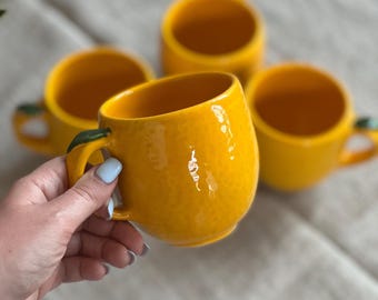 Yellow Lemon ceramic mug 11.8 Oz, Handmade ceramic cup, Cute tea cup, Citrus latte mug, Cappuccino cup, Bright funny cup, Pottery cup