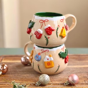 Cute 3D Christmas ceramic cup 15.9 Oz, Unique beige tea cup, Latte mug, Artistic pottery coffee mug, Festive winter cappuccino cup
