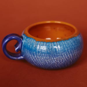 Blue and orange ceramic cup 11.8 Oz, Artistic Pumpkin coffee cup, Small cappuccino cup, Unique pottery mug, Crackle glazed drinkware