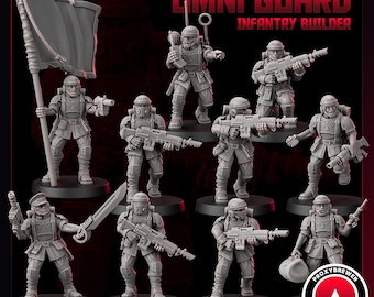 May include: A collection of gray Omni Guard Infantry Builder miniatures. The figures are in various poses, holding weapons, flags, and equipment. The text "OMNI GUARD" and "INFANTRY BUILDER" is displayed at the top. The Proxybrewer logo is in the bottom right.
