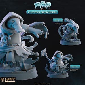May include: A promotional image showcasing three detailed, gray-toned platypus figurines from "The Icebound 1044" collection. The figurines are labeled "Platypus Tidebinders," "Waterbender," and "Waterhealer." The Waterbender is 27mm tall, and the Waterhealer is 29mm tall.