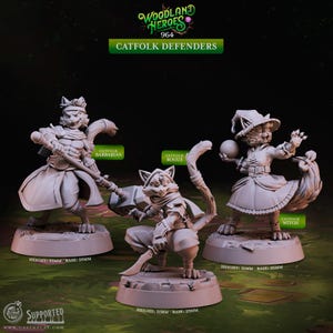 Puede incluir: Tres figuras en miniatura de Catfolk sin pintar: un Bárbaro con un arma, un Pícaro con una daga y una Bruja sosteniendo una bola. Cada figura está sobre una base de 25 mm, con alturas que varían de 31 mm a 33 mm. Colección Woodland Heroes 964 Catfolk Defenders.
