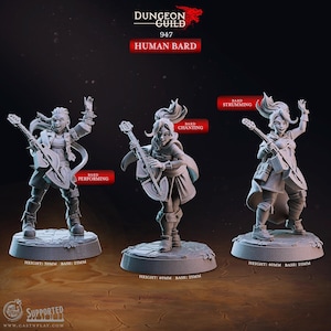 May include: Three 3D printed miniature figures of a human bard playing a lute in different poses. The figures are gray and are labeled "Bard Performing", "Bard Chanting", and "Bard Strumming". The figures are 39mm, 40mm, and 40mm tall and have a 25mm base.