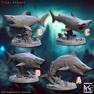 Tidal Sharks Miniatures | 12K HD Resin Print | D&D Sea Monster Minis | Underwater RPG Creatures | Tabletop Ocean Monster Figures