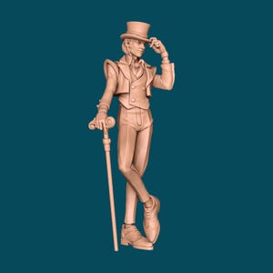 Può includere: Una statuetta di una persona che indossa un cappello a cilindro e un abito, tenendo un bastone. La statuetta è realizzata in un materiale marrone chiaro e si trova su uno sfondo blu.