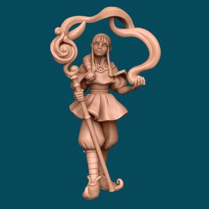 May include: A miniature figurine of a female character with pointed ears, wearing a flowing robe and holding a staff with a swirling design. The character has a light brown complexion and is holding a book in her other hand.