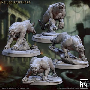 Gesluierde panterminiaturen | 12K HD-harsafdruk | D&D-beestmonster | Ranger-metgezel / huisdier of wilde ontmoeting | Pathfinder-tablet-RPG Mini