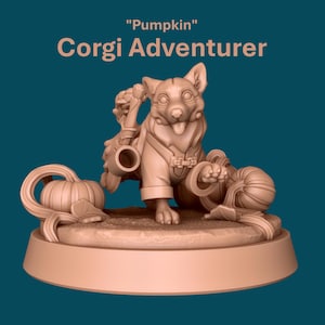 May include: A brown, hand-painted figurine of a Corgi dog wearing a vest and holding a pumpkin. The figurine is titled "Pumpkin" Corgi Adventurer.