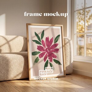 Leaning Frame Mockup: Bouclé Sofa, Autumn Light, Natural Wood, PSD + JPG (Digital Download)