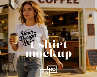 White T-Shirt Mockup Woman Holding a Coffee: Lifestyle Tee Mockup | Realistic Urban Scene