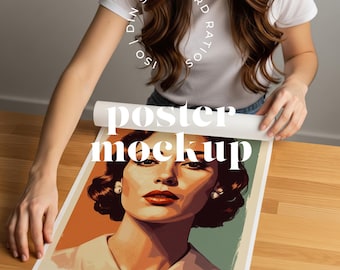 May include: A poster mockup featuring a vintage-style portrait of a woman with red lipstick and a cream-colored blouse. The poster is being unrolled on a wooden surface. Text on the poster reads "poster mockup" and "by Infinity Mockup Lab".