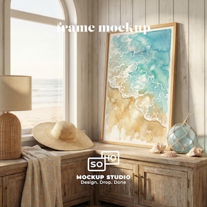 Maqueta de marco costero, mueble de madera flotante, conchas marinas, ventana arqueada, PSD (descarga digital)