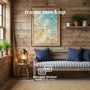 Rustic Nautical Frame Mockup: Wood Plank Wall, Lantern, Navy Bench, PSD (Digital Download)
