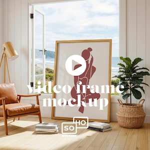 Vídeo de mockup de moldura com vista costeira: exibição de arte com cena de praia | Objeto inteligente PSD