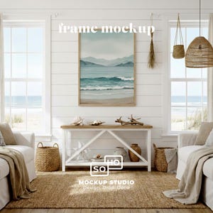 Maqueta de marco costero, pared de tablillas, vista al océano, consola de estilo rústico, PSD (descarga digital)