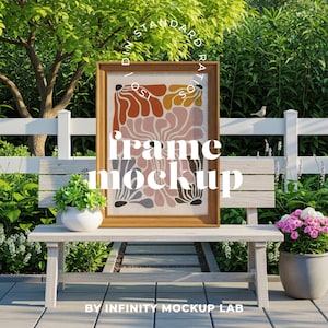 Garden Scene Frame Mockup: Vertical Wooden Frame, Nature Art (PSD Digital Download)