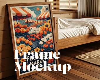 Cozy Cabin Interior Wooden Frame Mockup | PSD Smart Object | Poster Frame Display