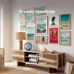 Gallery Wall Mockup, 12 Frames, Coastal Living Room, Walnut Console, PSD + JPG (Digital Download)