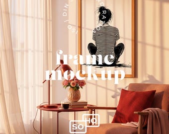 May include: A framed art print featuring a person in a striped shirt, seated with their back to the viewer. The artwork is displayed in a wooden frame. The scene includes a red side table, a chair with a red pillow, and a vase of flowers. The words "frame mockup" are visible.
