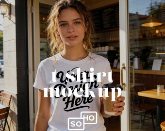 White T-Shirt Mockup Woman Holding a Coffee: Lifestyle Tee Mockup | Realistic Urban Scene