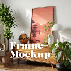 Cozy Interior Wooden Frame Mockup | Frame Mockup Living Room, Wood Frame, DIN A Ratio. Instant Download