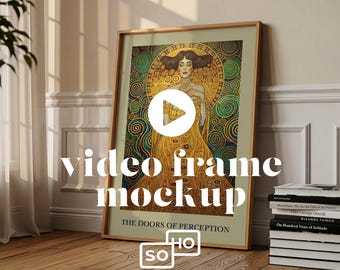 May include: A framed art print featuring a woman in a gold dress with a decorative background. The frame is light brown. The text "video frame mockup" is displayed on the image. The text "THE DOORS OF PERCEPTION" is also visible.