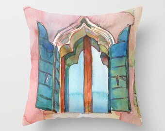 Italian Window Watercolor Painting Throw Pillow Cover