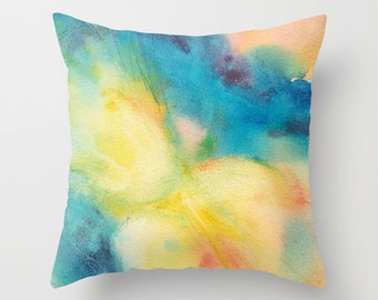 Abstract Yellow and Blue Watercolor Throw Pillow Cover