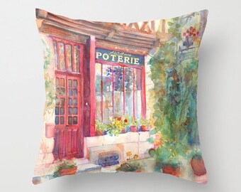 David's Europe 2 French Street Store Front Watercolor Throw Pillow Cover