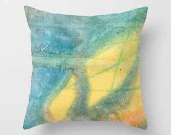 Abstract Yellow and Teal Watercolor Throw Pillow Cover