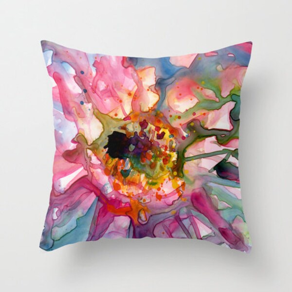 Colorful Pink and Teal Cactus Flower Watercolor Throw Pillow Cover