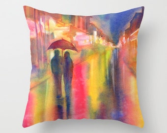 Rainy Night in New Orleans Watercolor Throw Pillow Cover