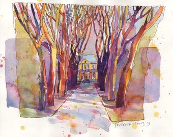 Tree Lined Alley Watercolor Signed Giclee Print