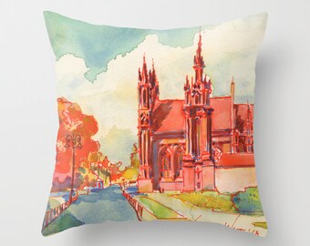 Gothic Cathedral Watercolor Throw Pillow Cover