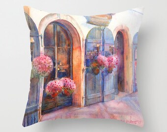 Prague Street Watercolor Throw Pillow Cover