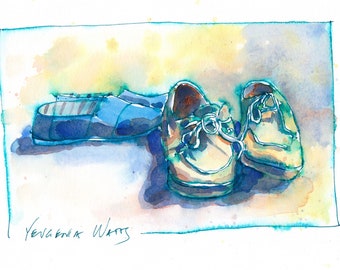 Beach Shoes, His and Hers Watercolor Signed Print
