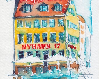 Nyhavn Copenhagen Denmark Watercolor Travel Sketch Postcard