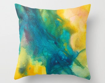 Abstract Blue and Yellow Watercolor Throw Pillow Cover