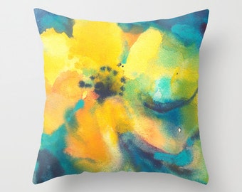 Floral Yellow and Blue Watercolor Throw Pillow Cover