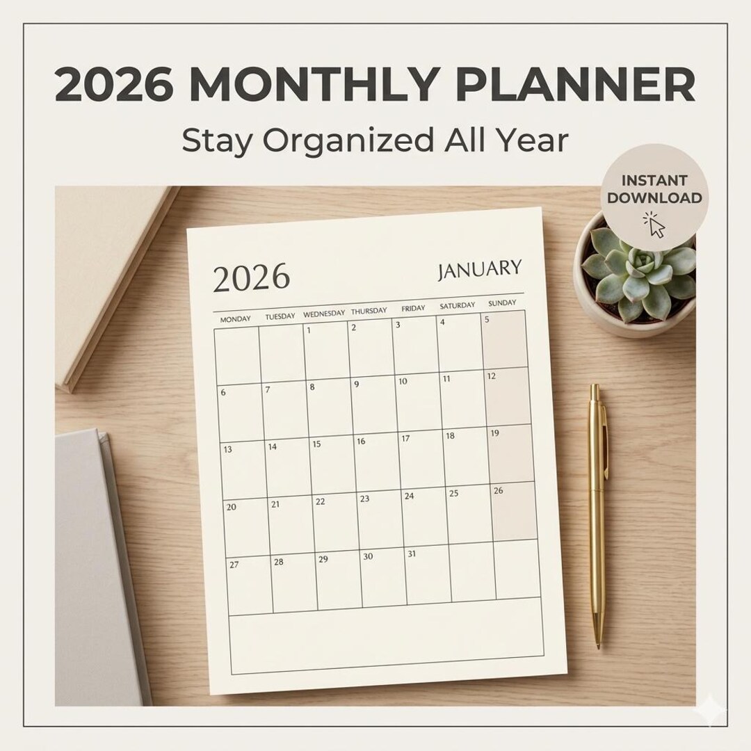 Monthly Calendar Planner 2026 Printable PDF | Undated Monthly Planner