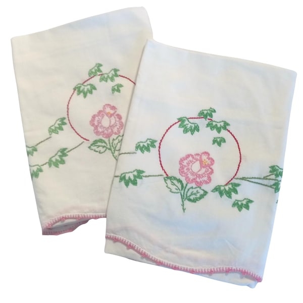 Vintage PInk Floral Embroidered Pillowcases Pair Set of 2 Standard Size Cotton