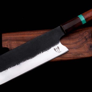 Hand Forged Nakiri Chef’s Knife – 12C27 Stainless Steel, Hidden Tang Kitchen Knife with Rosewood & Jade Resin Handle, Rustic Finish