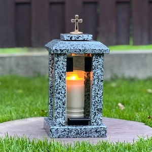 Granite memorial lantern | Mom and Dad memorial lantern | Grave lantern with a cross | Cemetery lantern | Cemetery decorations for grave