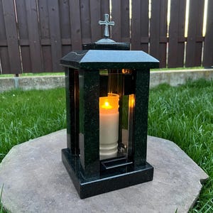 Granite Memorial Candle Holder for Mom or Dad, Heavy Duty Cemetery Lantern for Gravesite, Outdoor Tombstone Candle Remembrance Sympathy Gift