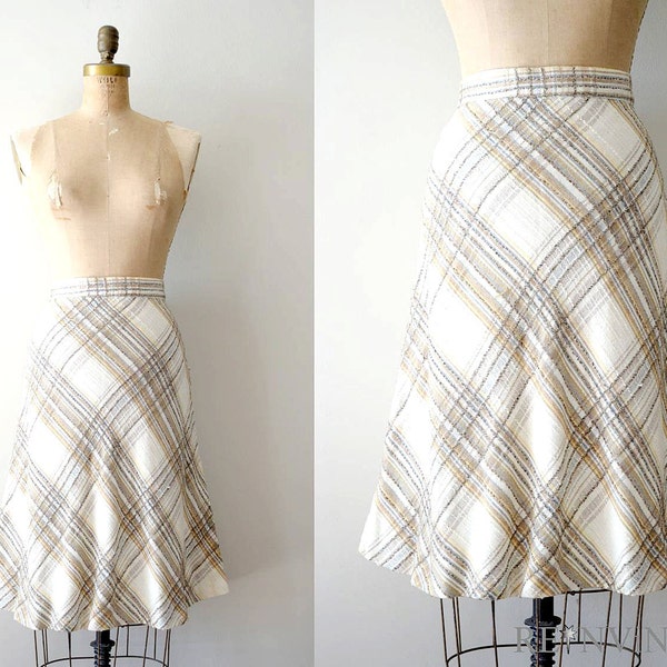 vintage 1970s skirt - 70s wool skirt / neutral plaid ivory midi