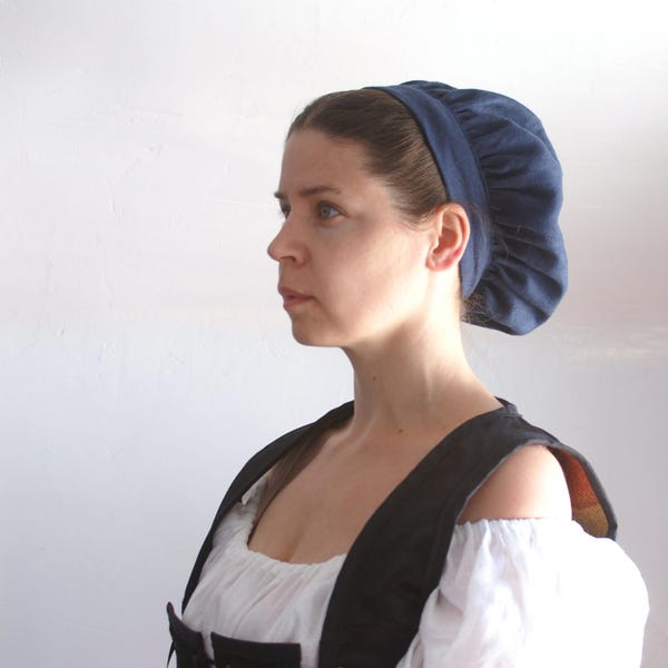renaissance muffin cap hat medieval caul blue linen renaissance faire -ready to ship-